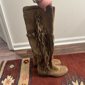Fringe Suede Knee-High Boots - Tan